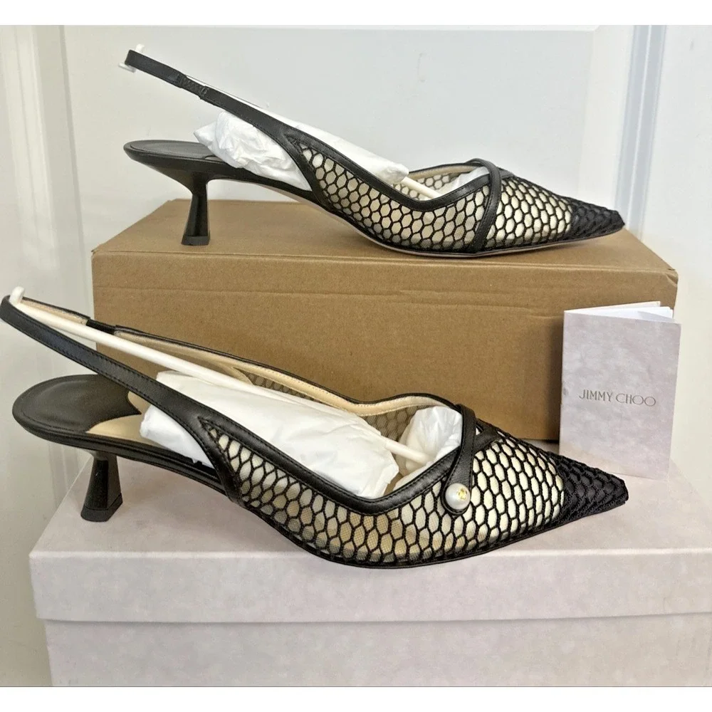 Jimmy Choo Size 40 US 10 Amita 45‎ Slingback Kitten Heel Pumps Fishnet Ballerina
